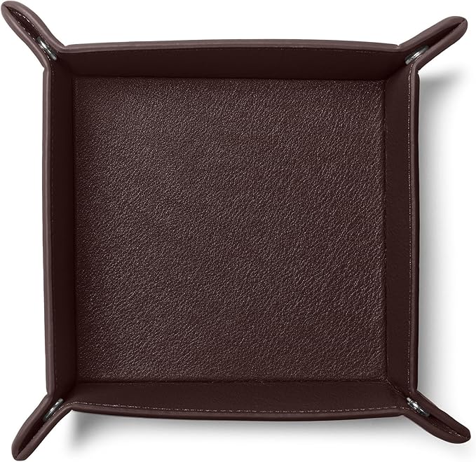 Leatherology Brown Rectangle Valet Tray – Travel-Friendly Catchall Organizer with Snap Corners, Stitched Edge Detail & Gift Box – Desk Tray for Keys, Wallet, Watch & Accessories