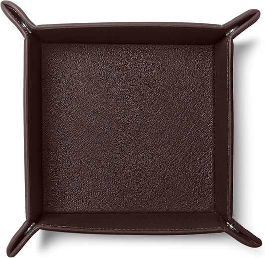 Leatherology Brown Rectangle Valet Tray – Travel-Friendly Catchall Organizer with Snap Corners, Stitched Edge Detail & Gift Box – Desk Tray for Keys, Wallet, Watch & Accessories