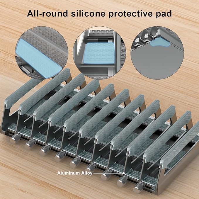 Elestoria 10-Slot Vertical Laptop Stand & Holder ??Adjustable Aluminum Laptop Stand Vertical for Desk Fits 10 Devices, MacBook & Gaming Laptops (Up to 17.3?? ??Space Saving Laptop Storage Rack - Grey