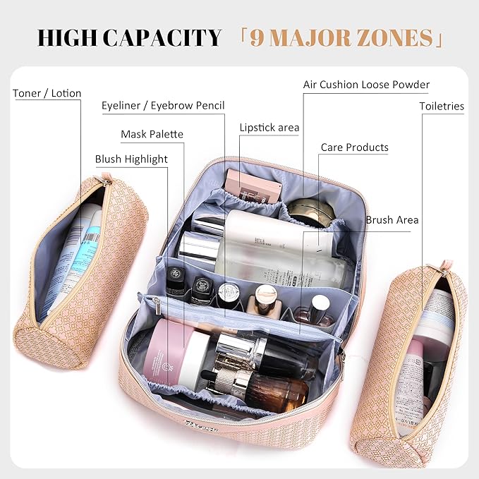 BOYATU Travel Makeup Bag for Women: Four Leaf Clover Large Capacity 3 Pcs Set Cosmetic Bags - Waterproof 50% Extra Space for Toiletry Organizer - Travel Essentials for Fortunate (03 Pink)