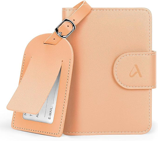 ALLIVE Rfid Passport Holder for Travel Women, Rfid Passport Cover Wallet, Genuine Leather Passport Holder for Travel with AirTag Hidden, Gift Set with Luggage Tag in Premium Gift Box (Beige)