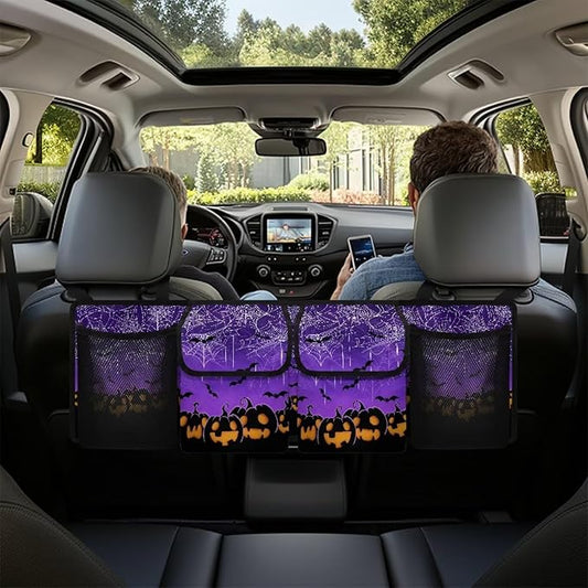 Hanging Organizer for Car Trunk Halloween Prints Collapsible Auto Back Seat Storage Bag with 2 Pockets 2 Mesh Pouches Detachable Automotive Interior Accessories