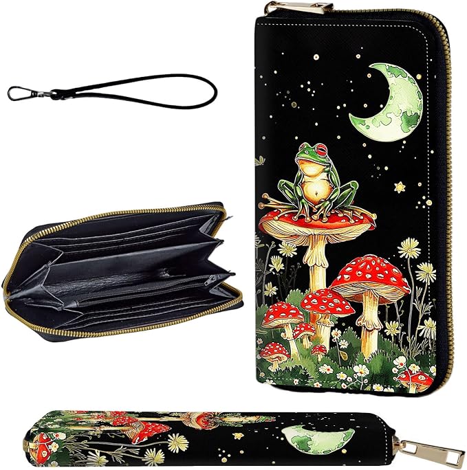 Wallet,Leather Long Wallet Suitable For Ladies And Teenagers - Detachable Wristband + RFID Travel Wallet With Card Slot - Aesthetic Mushroom Frog