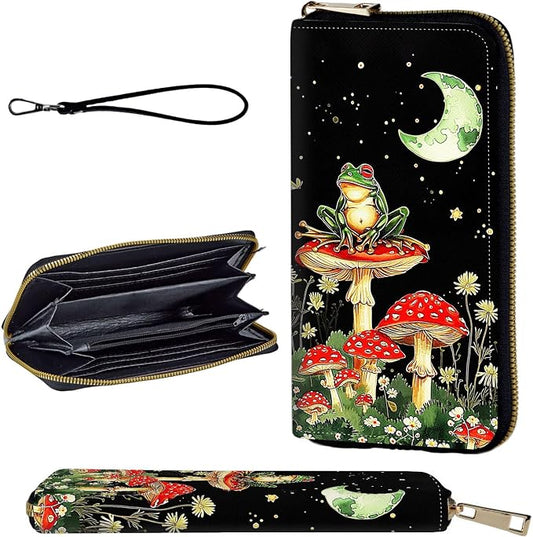 Wallet,Leather Long Wallet Suitable For Ladies And Teenagers - Detachable Wristband + RFID Travel Wallet With Card Slot - Aesthetic Mushroom Frog