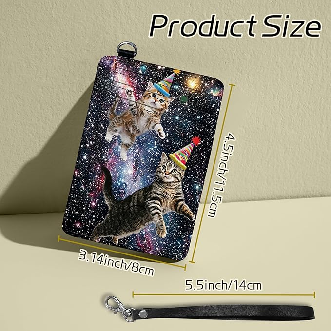 Small Travel Wallets, Cats Galaxy Nebula Slim Minimalist Front Pocket Wallet with Wristlet, RFID Blocking PU Leather Credit Card Holder with ID Window Change Purse for Men Women
