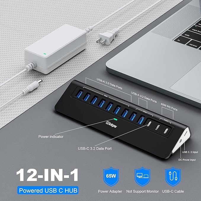 Powered USB Hub 10Gbps, intpw YH9AC 12-Port USB C Hub with 10Gbps USB C 3.2, 2 USB A 3.2, 7 USB 3.0, 2 PD 45W Charging Port, 65W Power Adapter + 3.3FT Cable, Aluminum USB Hub for Laptop/iPhone16/15/PC