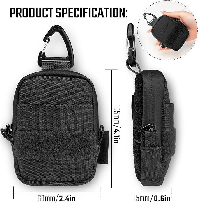 TACTICAL GEEK Storage A6 Mini Size EDC Utility Pouch, Mini Coin Purse with Custom Carabiner, EDC Mini Size Pocket Organizer, Wireless Headset Pack, Key Waist Case for Daily Carry Black