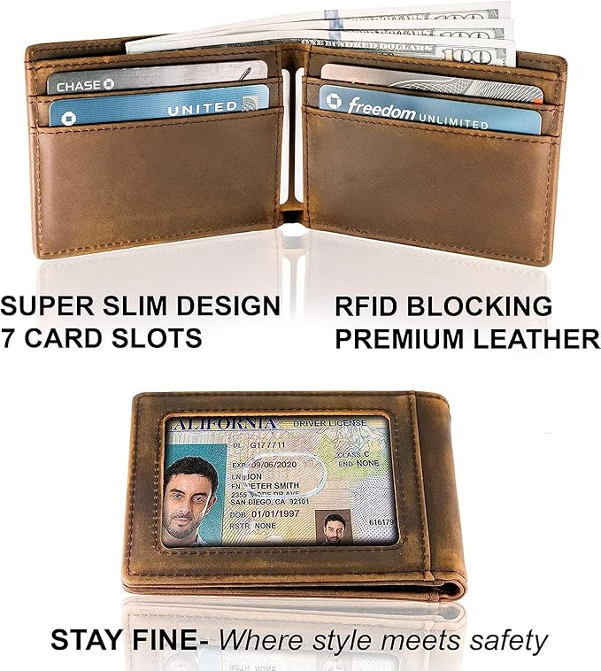 STAY FINE Minimalist Wallet for Men RFID Leather Bifold Slim Billfold with ID and Card Slots