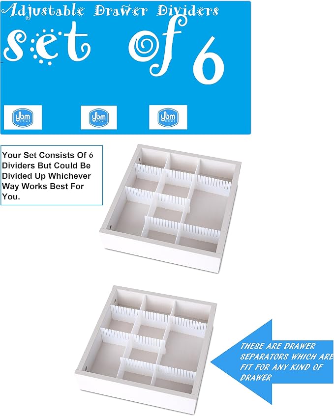 YBM HOME 6pcs Adjustable Drawer Organizer Grid Drawer Dividers for Socks, Underwear, Kitchen Utensils, Dresser Makeup, Separators Help with Clutter and Tidy Office Desk, Clinic, and Bedroom, White