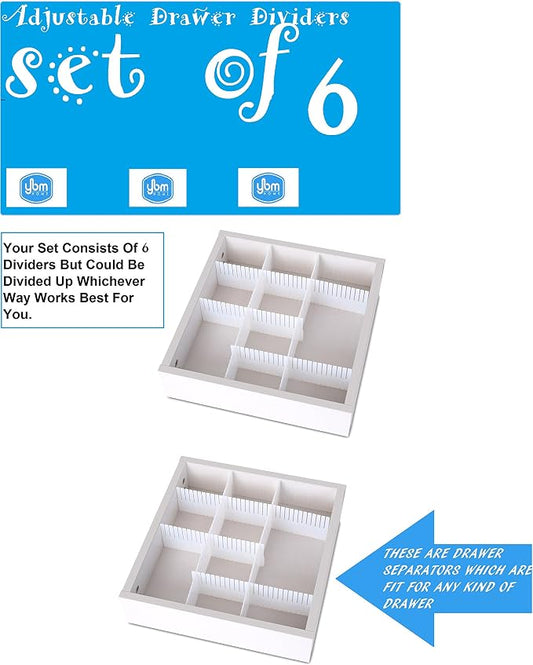 YBM HOME 6pcs Adjustable Drawer Organizer Grid Drawer Dividers for Socks, Underwear, Kitchen Utensils, Dresser Makeup, Separators Help with Clutter and Tidy Office Desk, Clinic, and Bedroom, White