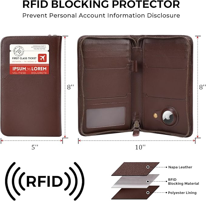 Polare Full Grain Leather Passport Holder Cover Case for Men RFID Blocking Travel Wallet Holds 4 Passports (Coffee with AirTag Slot)