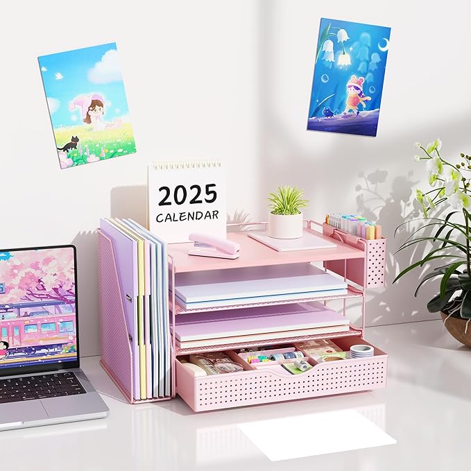 gianotter Wood Desk Organizers and Accessories with File Holder, 4-Tier Desk Accessories & Workspace Organizers with Drawer and Pen Holder, Paper Organizer for Office Supplies (Pink)
