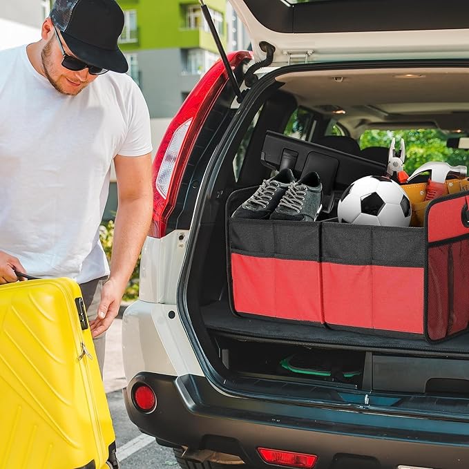 Simple Deluxe Trunk Organizer for Car/SUV/Truck, Collapsible 2 Compartment 50L Automotive Storage Box with 5 Pocket, 600D Waterproof Oxford Polyester, Anti-slip & Leak-proof, Red