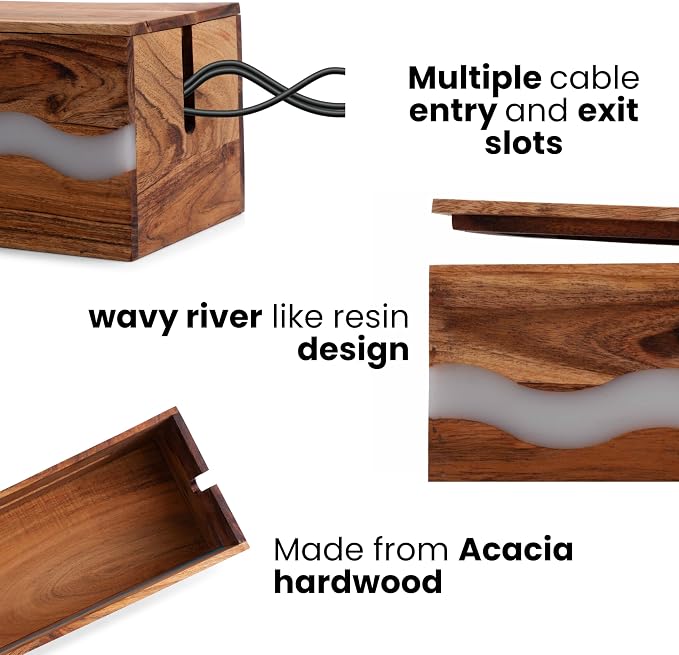 Acacia Wood & Epoxy Cable Management Box, 16X 6 X 5.5 Cable Hider Box, Cable Organizer Box Ideal for Under Desk Cable Management, Router Wires, Surge Protectors and adaptors | White