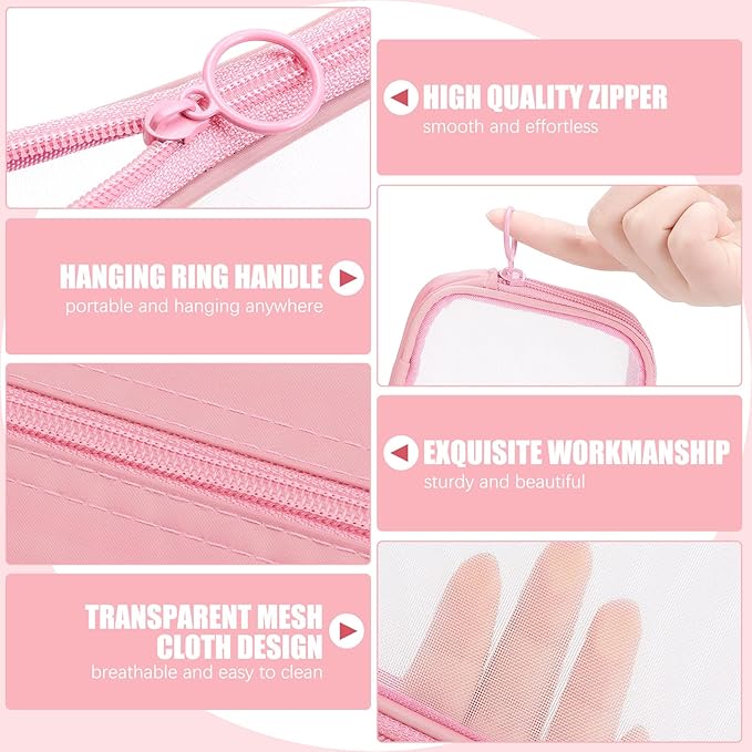Weewooday 4 Pcs Mesh Makeup Bag Mesh Cosmetic Bag Travel Toiletry Pouch with Zipper Mini Makeup Cosmetic Purse for Daily Accessory(Small, Large, Medium,Pink)