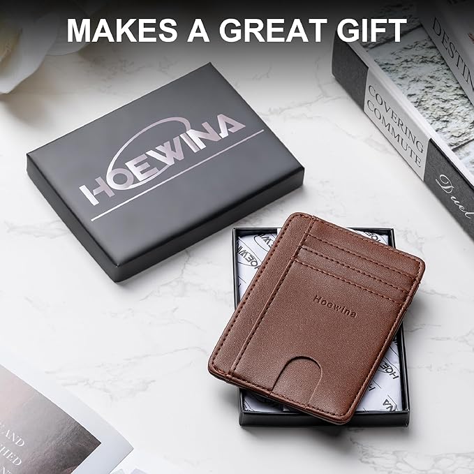 Hoewina Slim Wallet for Men, Credit Card Holder Wallet, Minimalist Design - RFID Blocking Front Pocket Leather Thin Wallet for Men and Women(Sand Brown)