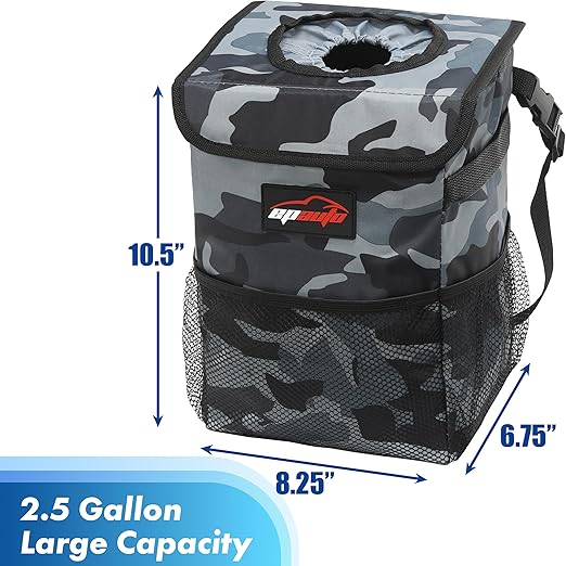 EPAuto Waterproof Car Trash Can with Lid and Storage Pockets, Camouflage Grey