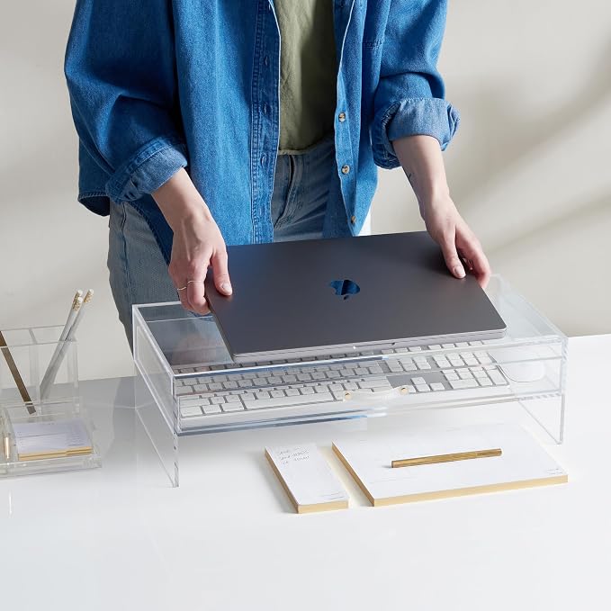 russell+hazel Acrylic Monitor Stand with Drawer, 20” x 10” x 5.25”, Desktop Organization, Clear, Hold up to 10 lbs., 98149