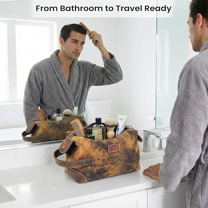 LEATHER VILLAGE Genuine Leather Dopp Kit for Men & Women – Travel Vintage Toiletry Bag with Waterproof Lining, Shaving & Bathroom Essentials Organizer - Distressed Brown