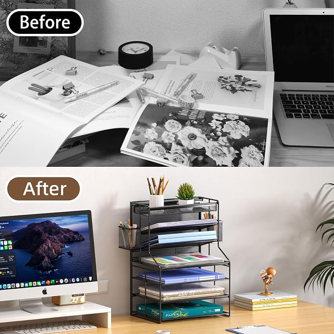 7 Tier Desk File Organizer, Black Metal Letter Tray Paper Organizer with Pull-Out Drawer, Removable Pen Holder & Hanging Basket, Vertical Desktop File Holder for Home Office, Classroom