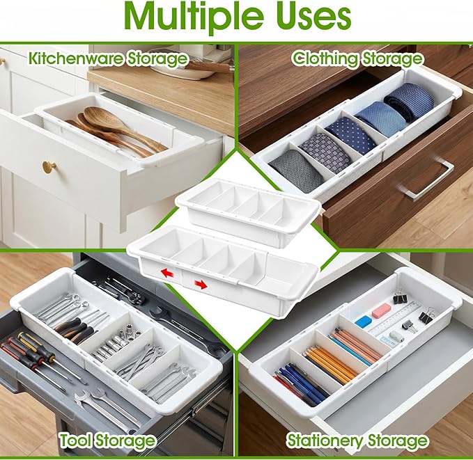 3 Pcs Expandable Drawer Organizer, Adjustable Drawer Organizer Trays Expandable Plastic Dividers Storage for Office Bathroom Bedroom Kitchen Desk (White)