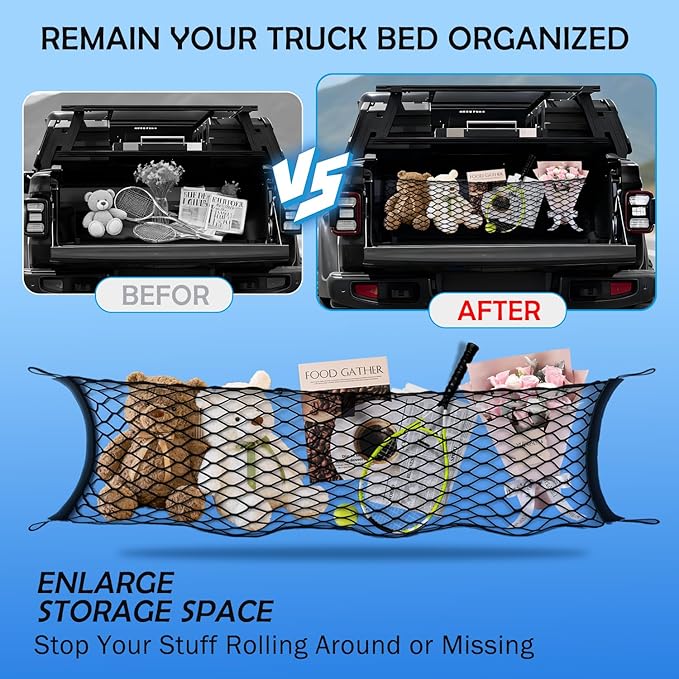 Envelope Style Cargo Net for 2020-2026 Jeep Gladiator Accessories, Rear Trunk SUV Mesh Cargo Net, Upgraded 5mm Bungee & Double-Layer Nylon Storage Tailgate Netting Grocery&Tools Holder Organizer