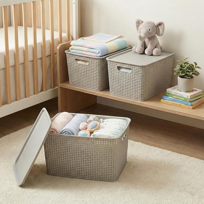 BINO | Plastic Storage Baskets with Lids, 22 Liter - 3 Pack, Natural Grey | THE WOVEN COLLECTION | Storage Basket for Shelves | Woven Storage Baskets for Organizing Bins | Pantry Shelf Organizer Bin