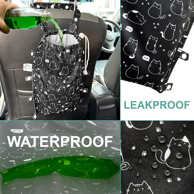 FLOCK THREE Leak-Proof Waterproof Car Trash Bag Foldable Multipurpose Trash bin Container Storage Cute Grocery Organizer Bag for Automotive Front or Back Seat in Cars SUVs and Trucks (Cute Cats)