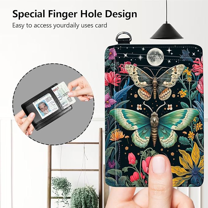 Slim RFID Blocking Card Holder Wallet with Wrist Strap - Minimalist Front Pocket Wallet, Moth Flower 02 Design, PU Leathe, for Men & Women, Ideal for Travel & Gifts
