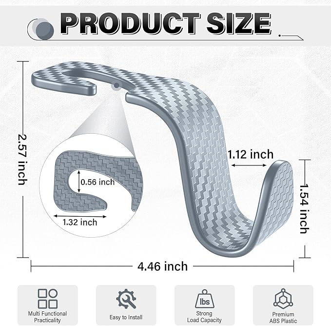 SINGARO Universal 2 Pack Car Seat Headrest Purse Hook, Carbon Fiber Back Seat Hook Storage Organizer Hanger for Purse Handbag Coat, Car Interior Accessories(Gray)