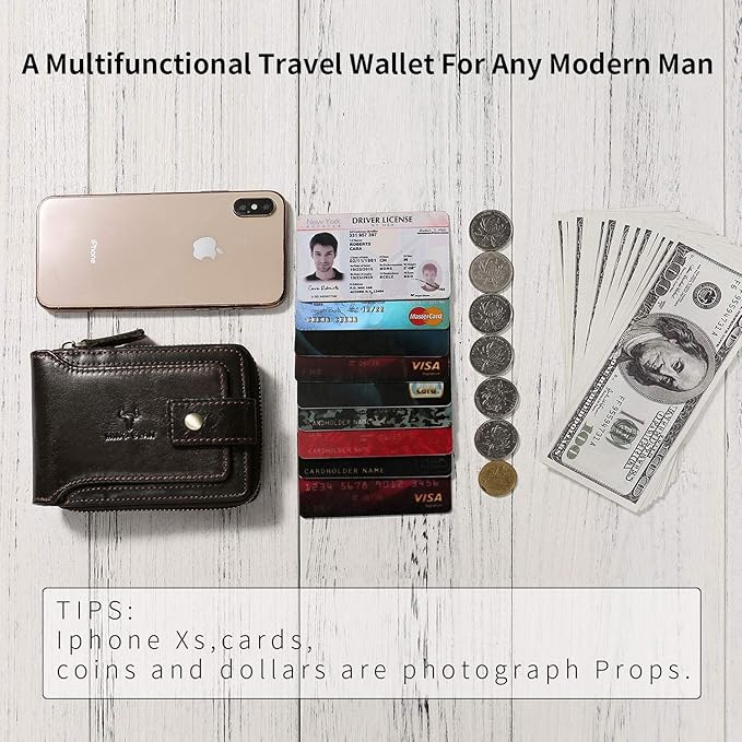 MING CLAN Leather RFID Blocking Bifold Wallet For Men With Zipper, Flap ID Window Zip Coin Pocket, Big Capacity Credit Card Holder For Travel