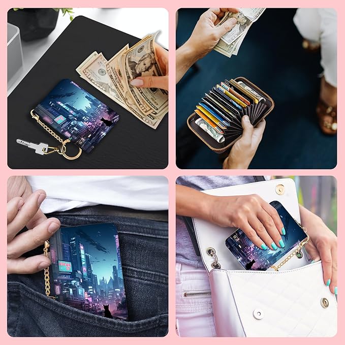 Blusabaca Cyberpunk Neon Art Credit Card Holder for Women, Small RFID Wallet with Zipper, Card Keychain Wallet, Leather Card Case, Business RFID Blocking Accordion Purse Wallet Gift