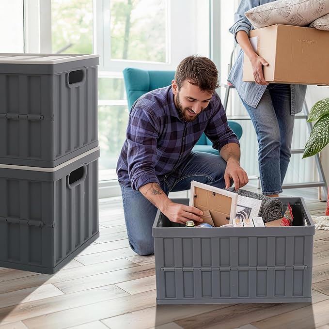Citylife 64L Collapsible Storage Bins with Lids Plastic Storage Containers for Organizing Stackable Storage Box Large Heavy Duty Utility Crates, 4 Packs