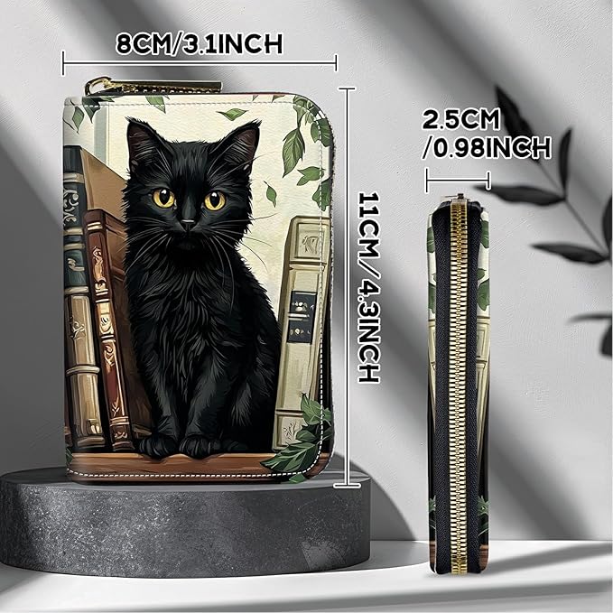 Cute Credit Card Holder with Zipper, Black Cat Books RFID-Blocking Card Case Small Wallet for Women Men, Multi-slot Card Organizer Case Travel Accordion Wallet
