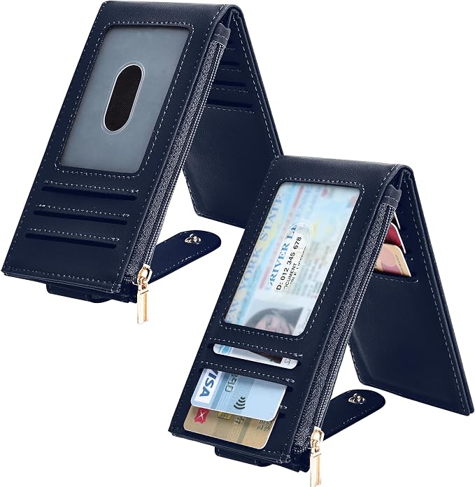 Chelmon Womens Wallet Slim RFID Blocking Bifold Multi Card Case Wallet with Zipper Pocket (Navy Blue)
