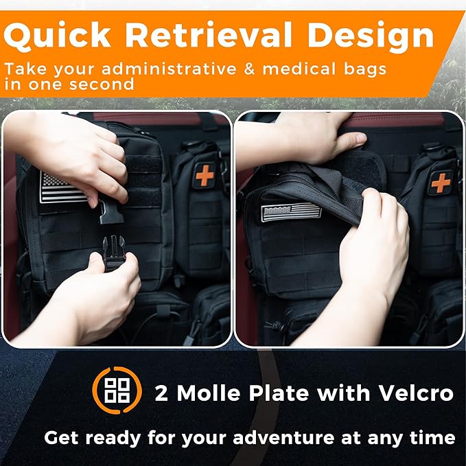 Tactical Seat Back Organizer, Molle Car Seat Organizer Panel with 5 Detachable Molle Pouch for Car Truck Ford Jeep Vehicle, Military Grade Storage Panel Backseat Protector for Man, Black