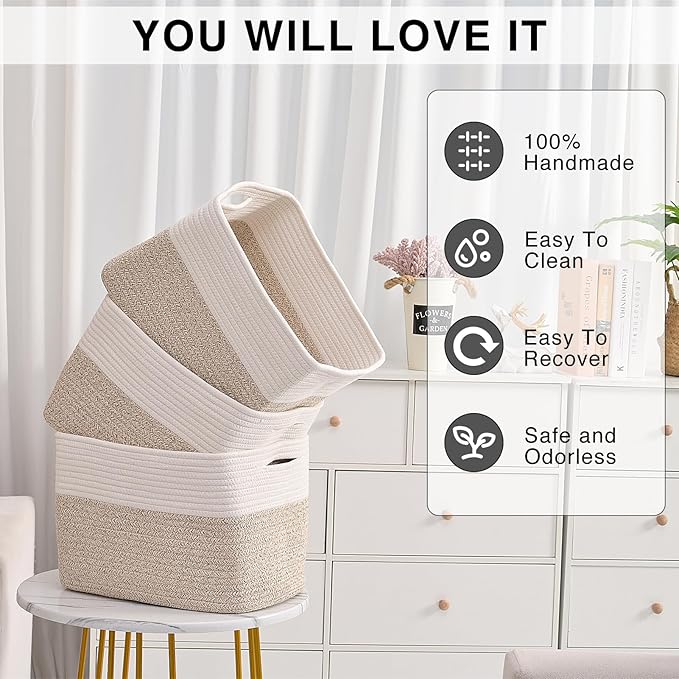 ICERZCZ Storage Baskets for Organizing, Woven Cotton Rope Basket for Storage Books, Baby Organizing Baskets, Toy Storage Basket, 15"x11"x9.5", 3 Packs, Off White & Brown