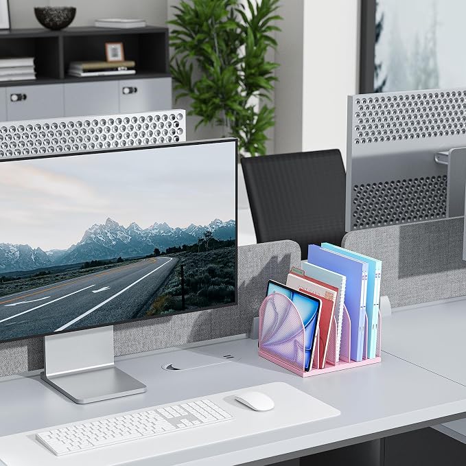 gianotter Desktop File Organizer, Desk Organizer with 5 Compartments, Paper Organizer for Desk, Workspace Organizers for Office Supplies (Pink, Upright Style)