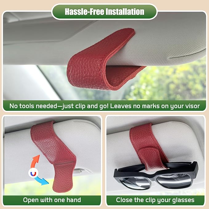 2 Packs Sunglasses Holders for Car Visor, Magnetic Leather Glasses Eyeglass Hanger Clip for Car, Ticket Card Clip Sunglasses Mount, Sunglass Organizer for Auto Accessories (Red)