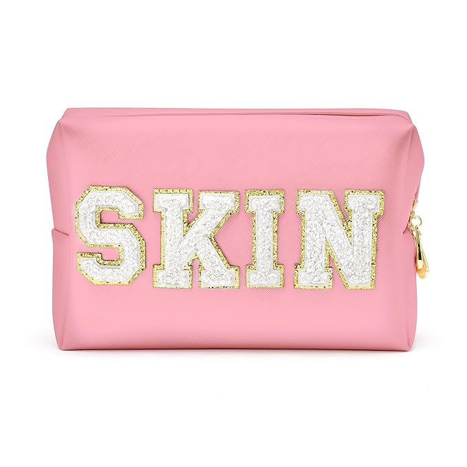 Y1tvei Preppy Patch SKIN White Letter Pink Cosmetic Toiletry Bag PU Leather Portable Makeup Bag Daily Use Storage Pouch Toiletry Purse Waterproof Organizer for Travel Varsity Women Girls Teens(Pink)