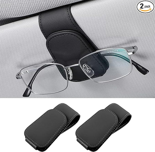 2PCS Sunglasses Holders for Car Sun Visor, Leather Eyeglasses Hanger Mounter, Magnetic Glasses Holder and Ticket Card Clip, Universal Auto Interior Accessories (Blue, 2PCS)
