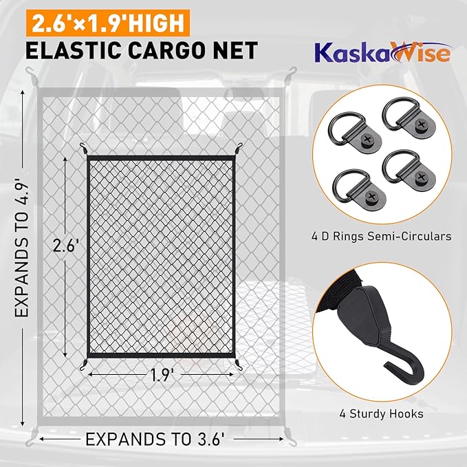 Kaskawise Elastic Cargo Net for SUV,Universal Truck Net Organizer with Storage Bag,32"x24" Stretch to 56"x42" Small Cargo NetBungee Mesh Cargo Hold for Car,Truck,Pickup,RV,Road Trip Essentials