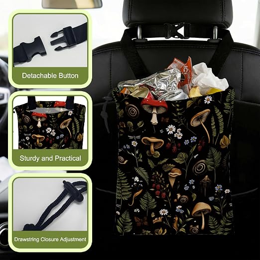 Car Trash Bag Vintage Mushrooms Berries Waterproof Car Trash Bag Hanging Leakproof Car Garbage Bag Washable Reusable Trash Bag For Car Interior Hanging Organizer Storage Vehicle Travelling Camping