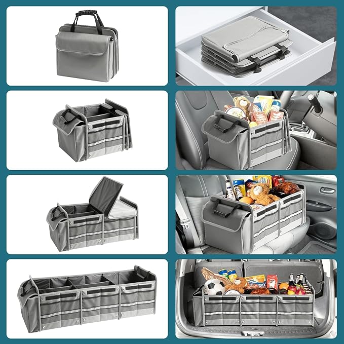 Snuopfy Car Trunk Organizer,115L Heavy Duty Collapsible Trunk Storage, with Insulated Leakproof Cooler Bag Vehicle Cargo Organizer with Lid, 3 Compartments, Straps For Car,Suv,Jeep,Sedan-Grey