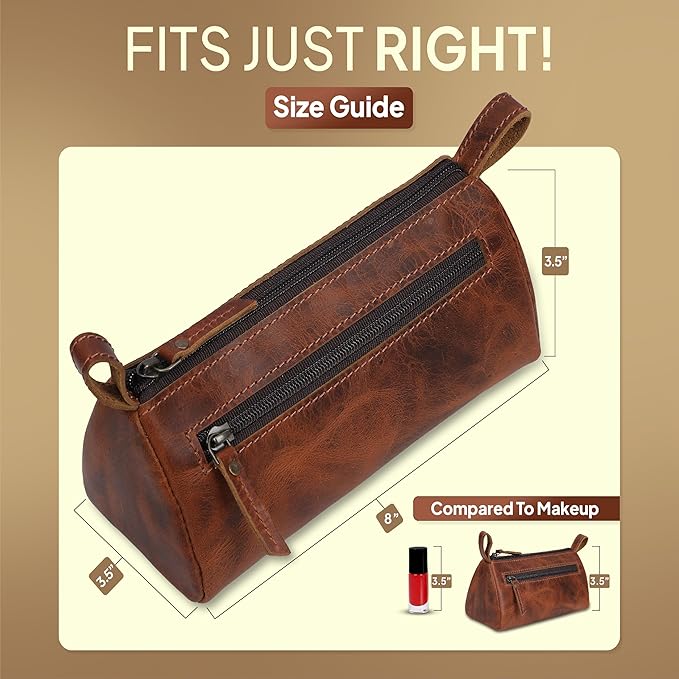 Leather Makeup Bag for Women – Genuine Leather Cosmetic Bag Travel, Handmade Zippered Makeup Pouch, Small Toiletry Bag, Shaving Kit & Stationery Organizer- Tan