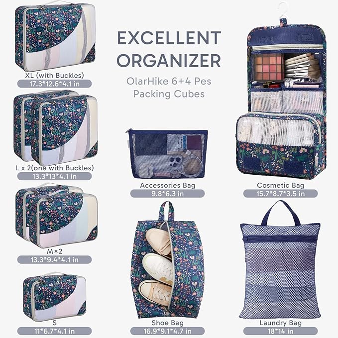 OlarHike 10 Set Packing Cubes for Travel, Gifts for Women Mom,Anti-Tearing Suitcase Organizer with Over-1000 pack Mesh Holes, Vacation Essentials & Accessories for Cruise Ship