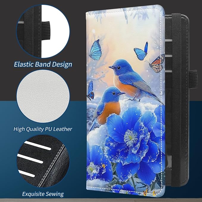 Check Book Cover for Personal Checkbook with Duplicate Checks for Women's & Men PU Leather Wallets Check Book Holder with Pen Card Slots Elastic Strap,Cute Blue Bird