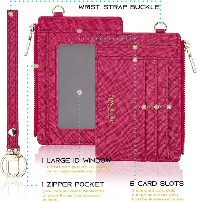 Wikavanli Women Slim Rfid Blocking Credit Card Case Holder Wristlet Zip ID Case Wallet Small Compact Leather Wallet Coin Purse with Keychain (Rose Red)