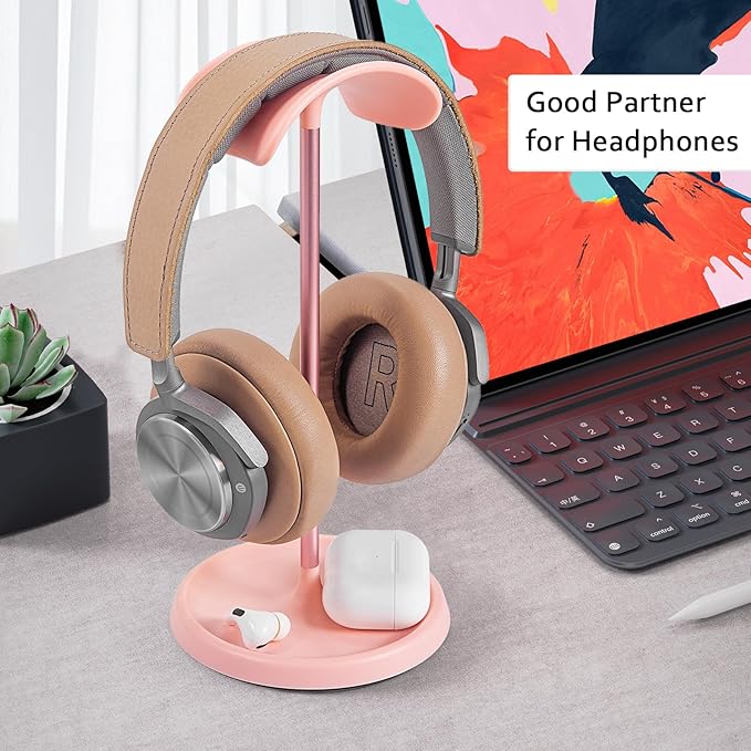 Headphone Stand, Curved Headset Stand with Storage Tray, Heavy Base Gaming Headset Holder for AirPods Max, AirPods Pro, Beats, Bose, Sennheiser, Sony and More (Pink)