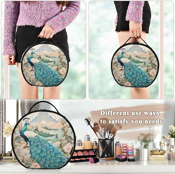 senya Round Cosmetic Pouch Travel Makeup Train Case Vintage Peacock Makeup Organizer Bag with Adjustable Dividers Portable for Cosmetics Makeup Brushes Toiletry Jewelry Accessories